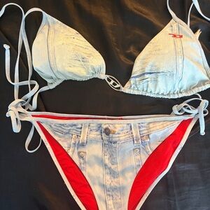 Diesel Light Blue Denim-Look Bikini with Red Lining